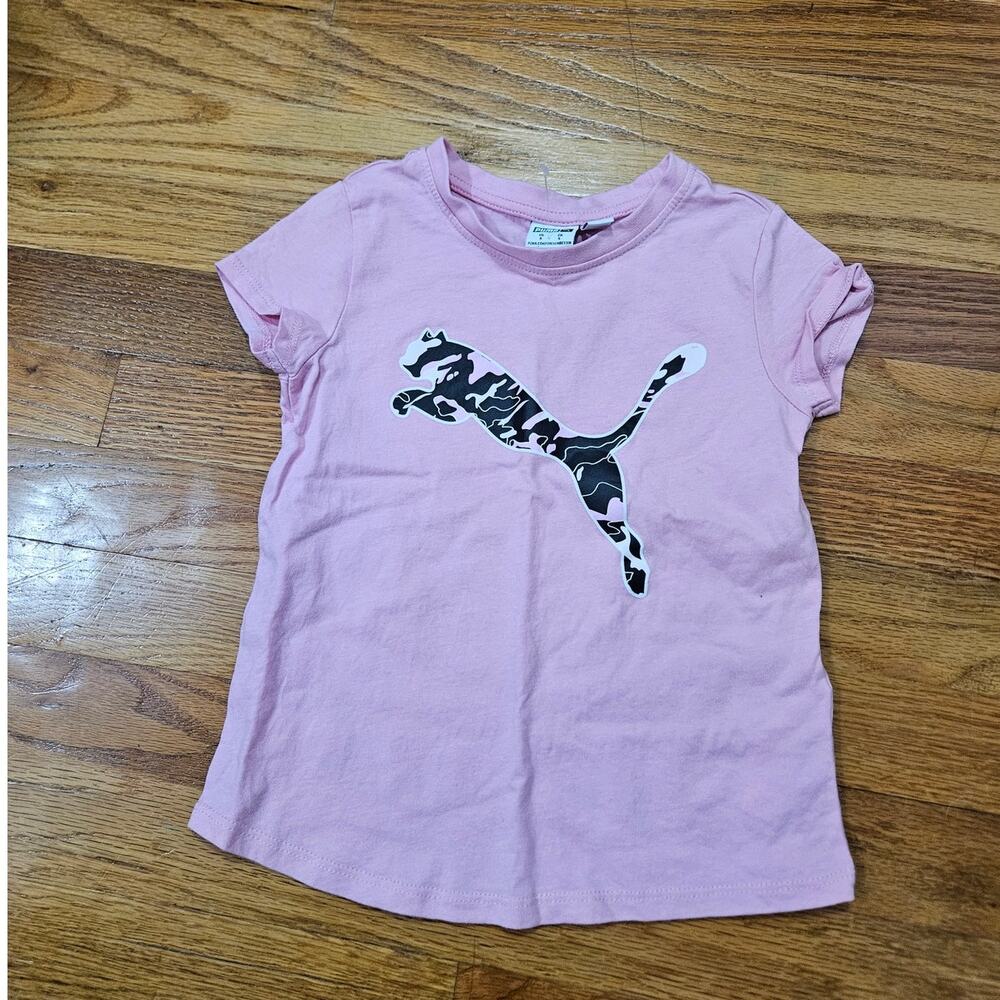Puma Girls' Short-Sleeve T-shirt with Camouflage Logo Graphic in Pink Cotton